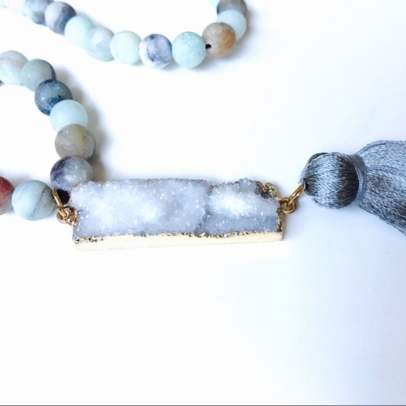 Amazonite & Druzy Bar Mala Bead Necklace w/ Tassel - Picture 3 of 8